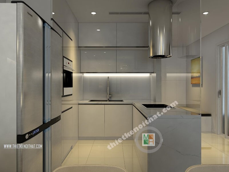 Thiết kế phòng bếp chung cư đẹp với hệ tủ bếp acrylic màu trắng kết hợp bàn đảo ốp đá nhân tạo mang đến vẻ đẹp sang trọng và đẳng cấp cho căn bếp gia đình bạn Thiết kế nhà bếp đẹp