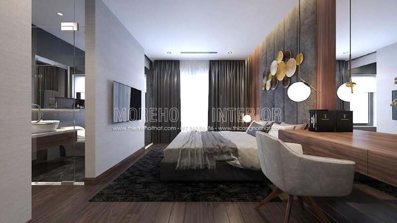 Trang trí nội thất phòng ngủ khép kín hiện đại liền phòng vệ sinh độc đáo với ý tưởng thiết kế mở khi sử dụng cửa kính trắng cường lực. Thiết kế nội thất chung cư