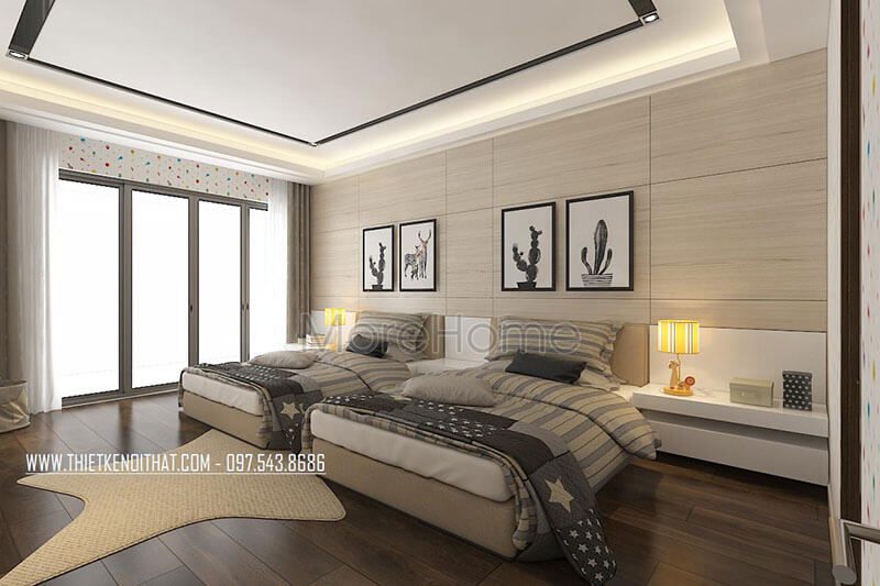 Bức tường giảm bớt được sự thô cứng khi KTS lựa chọn gỗ ốp tường kết hợp tranh canvas trang trí sinh động cho phòng ngủ