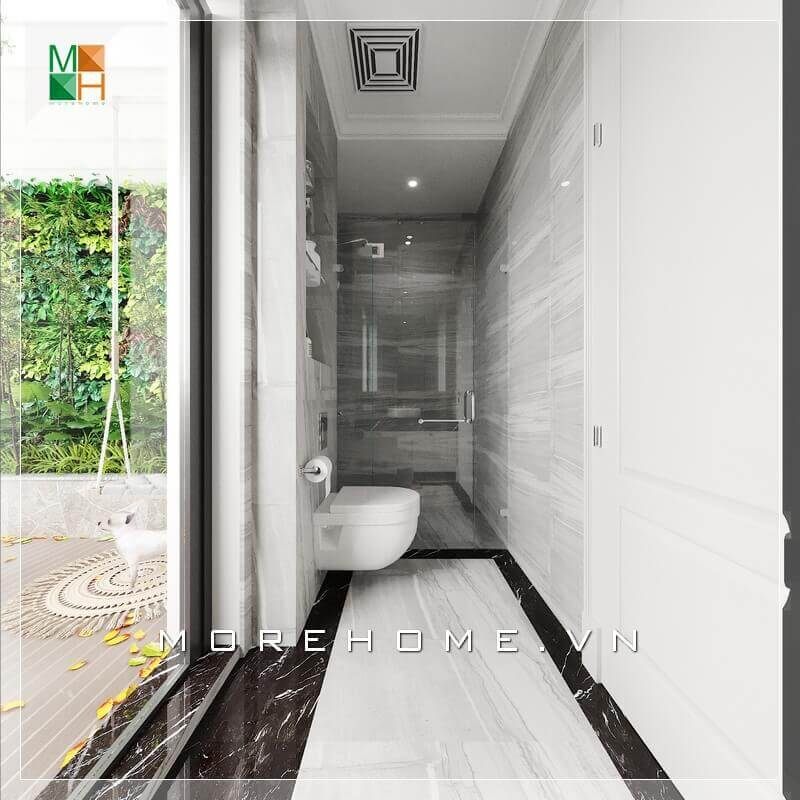 Nhà vệ sinh được thiết kế theo phong cách hiện đại phù hợp với kiến trúc của nhà phố.